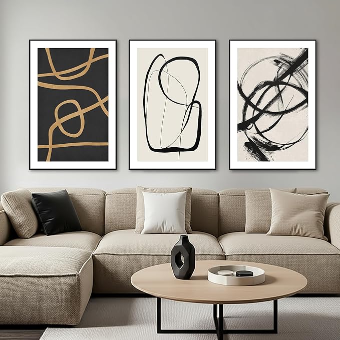 SAFERRYHOME Abstract Graffiti Framed Black and White Black and Gold Wall Art Canvas Prints, Modern Sketches Street Art Decor for Living Room, Home Office, Dining Room, Loft - 3 Pieces 24x36 Inch