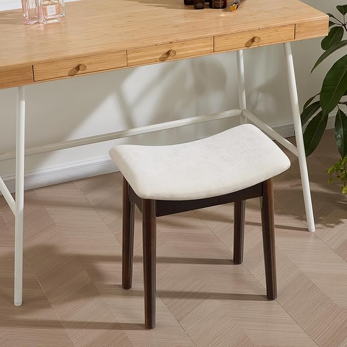 Royal Windsor Vanity Stool with Saddle Cushion, 18 Inch Makeup Vanity Chair for Living Room, Modern Foot Stool Ottoman Piano Bench,Small Upholstered Bench for Bedroom, White