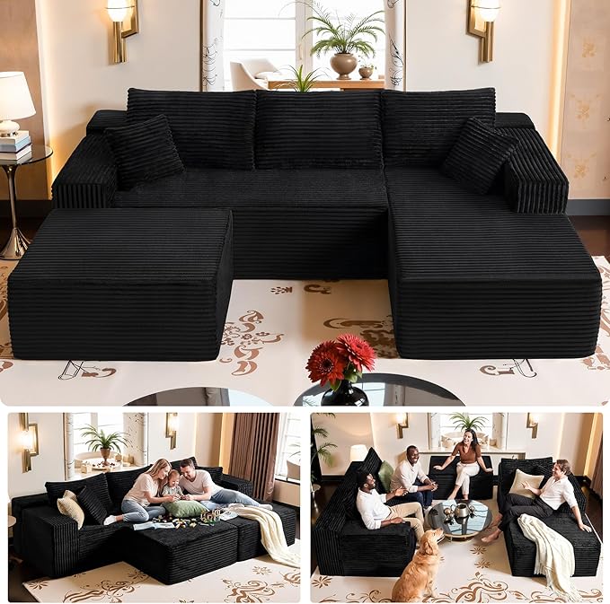 Black Sectional Couch with Ottoman, 108" Cloud Modular Couch for Living Room, Modern U-Shaped Sofa, No Assembly Required - Plush Corduroy Fabric & Deep Seat Comfort (Left Facing Chaise)