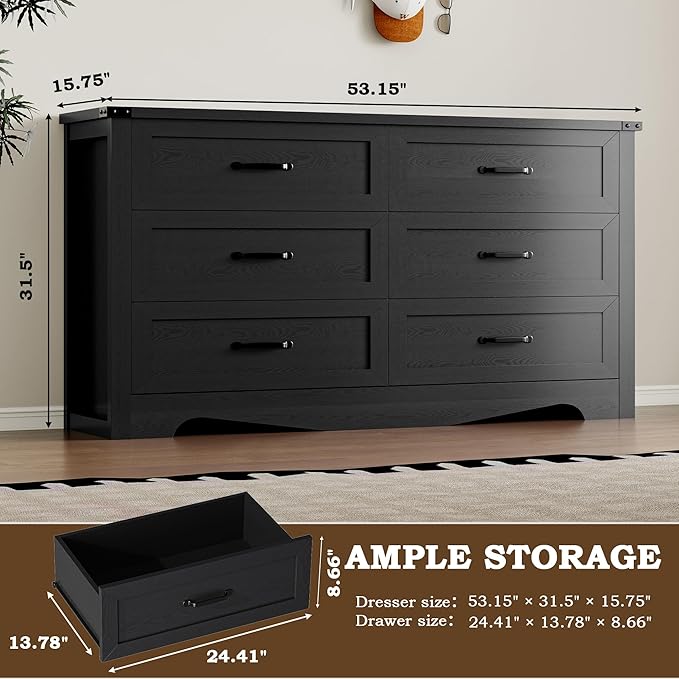 BORNOON 6-Drawer Dresser for Bedroom, Modern Wooden Chest of Drawers with Metal Handles, Anti-Tipping Design, Sturdy and Stable Storage Organizer for Living Room, Entryway, Home Office
