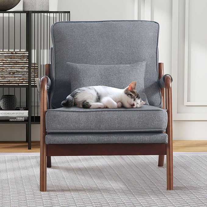 ANJ Mid Century Modern Accent Chair Set of 2, Lounge Reading Armchair with Extra Side Pocket & Detachable Cushion, Comfy Fabric Accent Chairs for Living Room, Bedroom, Grey