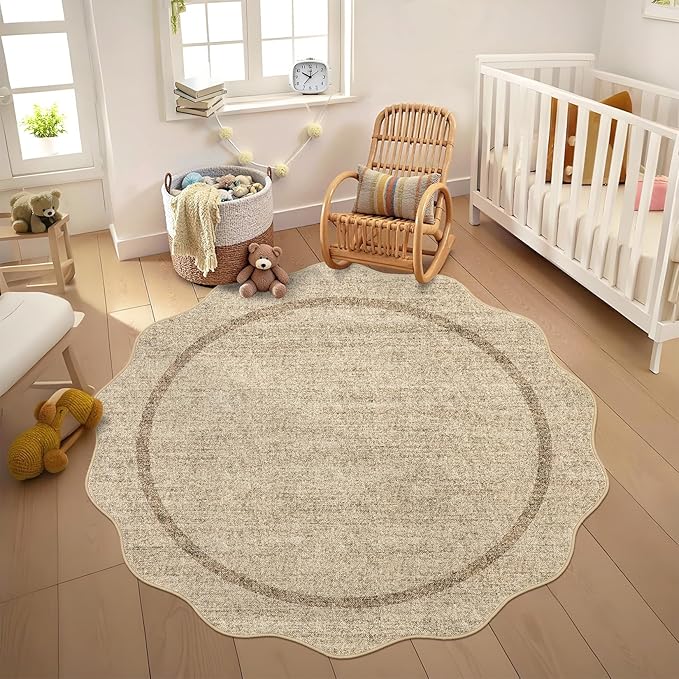 GarveeHome Scalloped Round Area Rugs, Washable Small Round Rug 3ft Non-Slip, Soft Boho Ultra-Thin Circle Low Pile Stain Resistant Carpet for Bedroom Entryway Kitchen Laundry Bathroom, Jute Color
