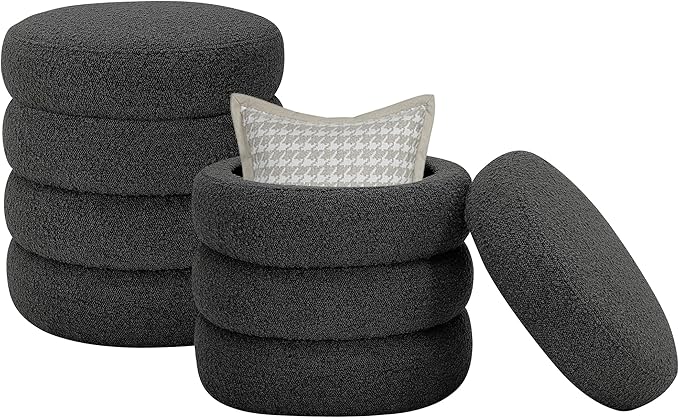Krcix Round Ottoman with Storage Boucle Ottoman Stool with Storage Removable Lid for Living Room Modern Vanity Sorage Stool Foot Rest Bedroom Dorm Gifts Set of 2 (Black)