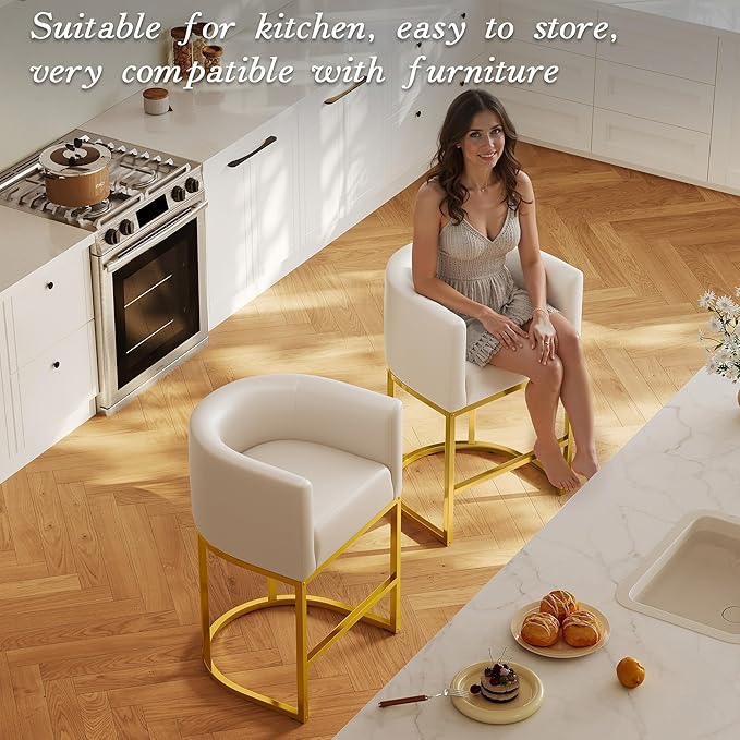 Modern Counter Height Bar Stools,Bar Stools Set of 4,PU Leather Upholstered Barrel Barstools with Backs,26'' Kitchen Island Chairs,Metal Gold Frames,Beige White Leather