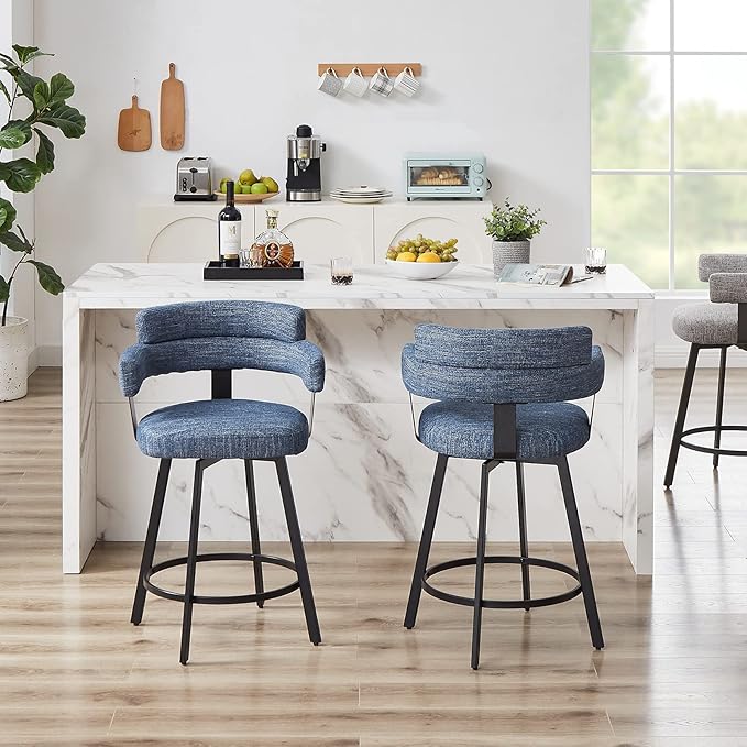 Counter Height Bar Stools with Full Back – Swivel Counter Stools Set of 2 with Linen Padded Back, Metal Footrest, Modern Barstools for Kitchen Counter, Island, Dining Room, Blue 24 inch