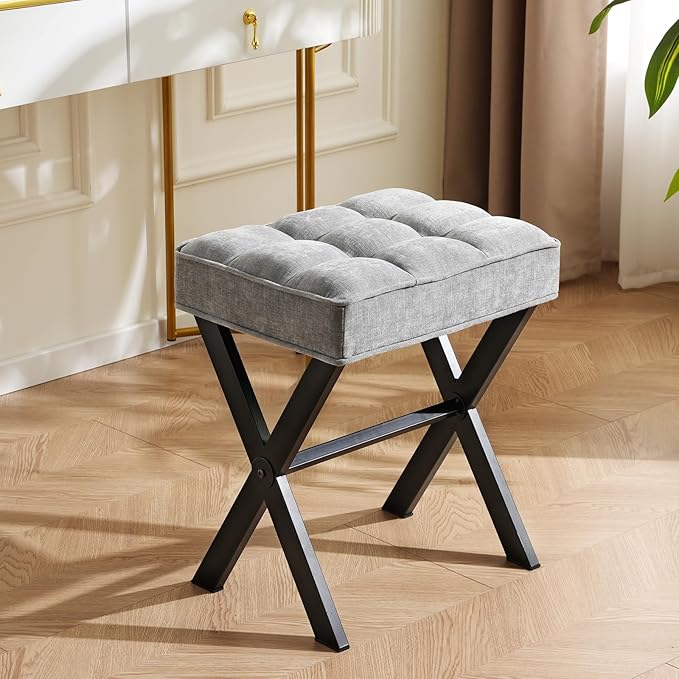 Modern Square Foot Stool Ottoman, Upholstered Vanity Chair with Metal X-Legs & Soft Linen Fabric - Versatile Seat and Footrest for Makeup, Living Room, Bedroom & Entryway (X-LightGray)