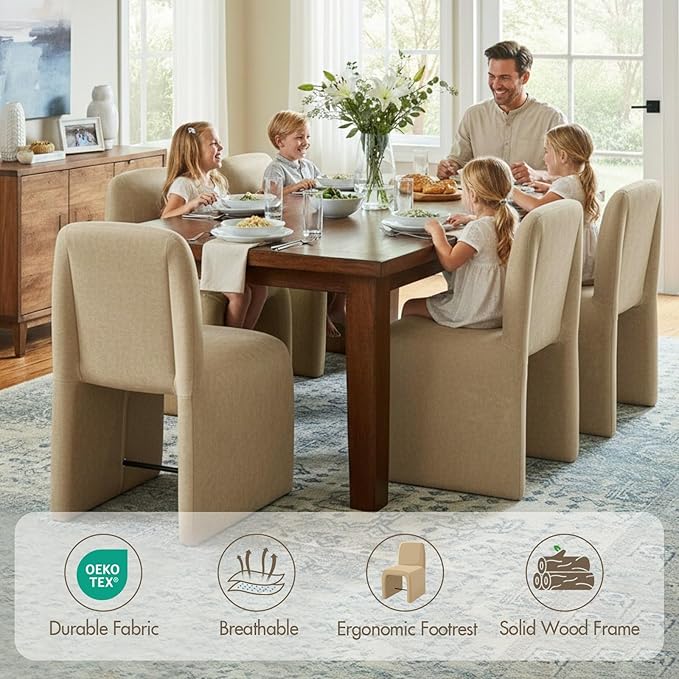 Hyfirm Upholstered Dining Chairs Set of 6,Modern Armless Desk Chair with Metal Footrest for Diningroom Bedroom Livingroom Reading Room,Khaki Fabric