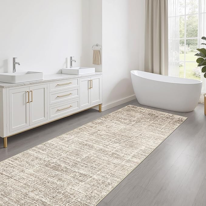 Runner Rug Non-Slip Kitchen Rug: 3x10 Washable Abstract Modern Soft Stain Resistant Indoor Floor Neutral Accent Throw Carpet for Hallway Bathroom Laundry Room Bedroom Entryway- Brown