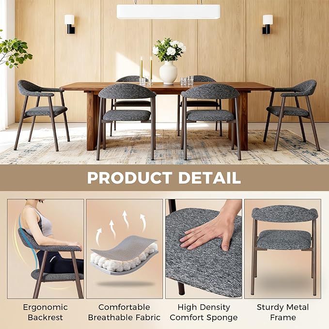 DUMOS Dining Chairs Set of 4, Linen Fabric Upholstered Kitchen Side Chairs with Curved Backrest & Metal Legs, Modern Farmhouse Accent Chairs for Dining Room Kitchen Living Room Cafe, Gray