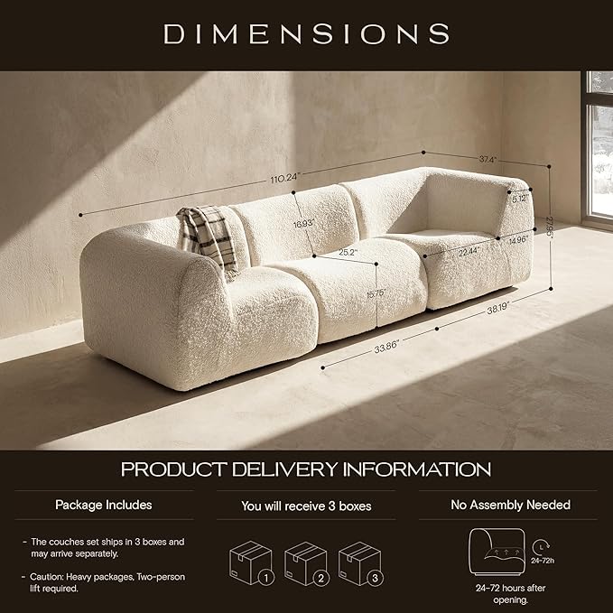 110" 3-Seater Modular Sectional Sofa, Sherpa Cloud Couch with Deep Seat Comfort, Boneless Curved Sofas with High-Density Foam Strong Support, Modern Cozy Sofa for Living Room – No Assembly, White