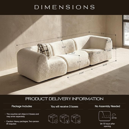 110" 3-Seater Modular Sectional Sofa, Sherpa Cloud Couch with Deep Seat Comfort, Boneless Curved Sofas with High-Density Foam Strong Support, Modern Cozy Sofa for Living Room – No Assembly, White