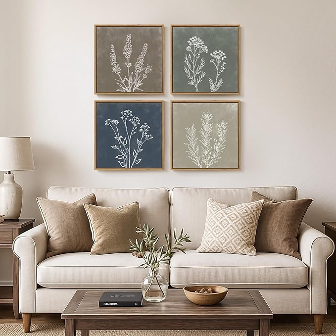 Framed Botanical Boho Wall Art, Set of 4 Piece Vintage Farmhouse Plant Leaf Canvas Artworks for Walls, Rustic Minimalist Picture Prints for Living Room Dining Room Bathroom Wall Decor 12x12 Inch