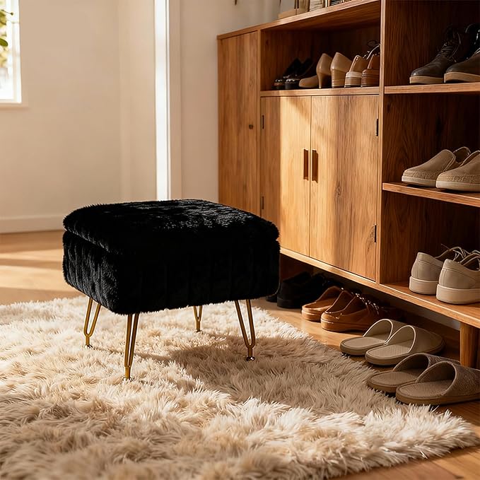 ACEQLYT® Small Foot Stool, Small Ottoman with Storage, Black Furry Footstool with Soft Padded Seat & Gold Metal Leg