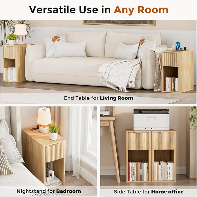 Homleke Narrow End Table with Fluted Drawer and Charging Station, Small Nightstand with USB Ports & Outlets, Bedside Table for Bedroom or Living Room, Modern Accent Table, Natural