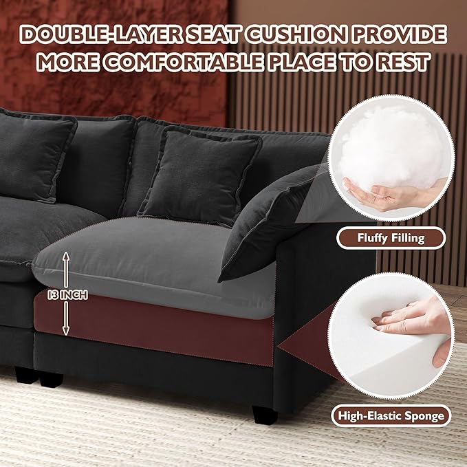 Ihanherry U-Shaped Modern Sofa 146" Modular Sectional Cloud Couch with 2 Ottoman, 6-Seat Chenille Deep Seat Sofa with 6 Pillows for Living Room, Black