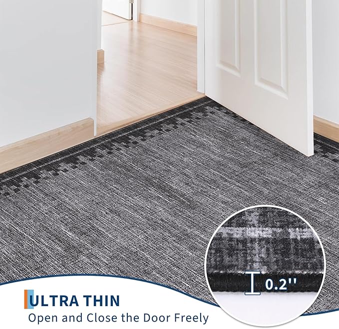 GarveeHome 8x10 Rug Machine Washable for Living Room Bedroom Geometric Bordered Non Slip Neutral Black Grey Carpet Modern Low Pile Area Rugs for Home Office Guest Room, Grey