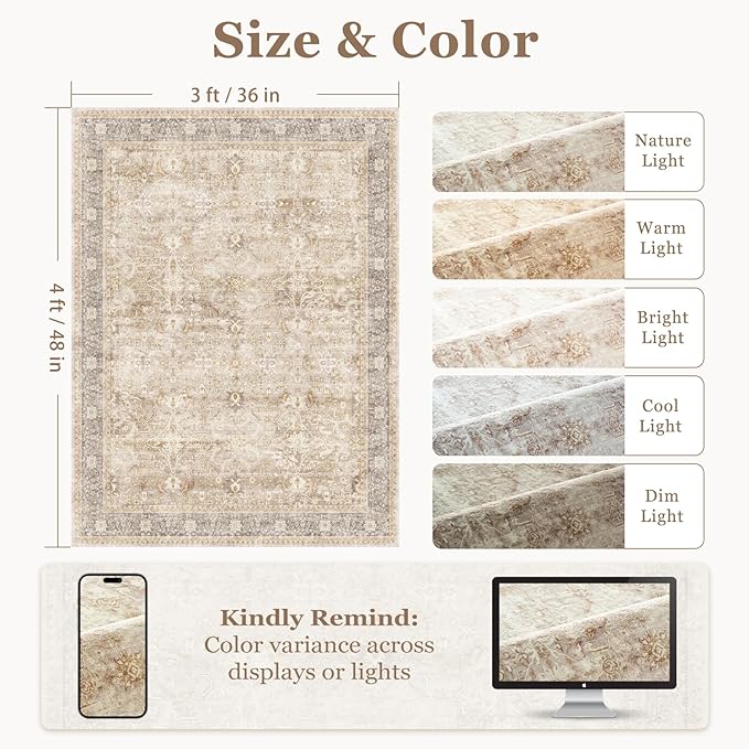 Small Area Rugs 3x4, Neutral Beige Throw Rugs for Kitchen Bathroom Bedroom, Washable Non Slip Ultra Thin Front Indoor Door Mats for Entrance Entryway Foyer, Vintage Farmhouse Earth Tone