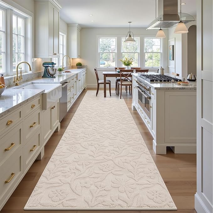 Vaukki 2x10 Runner Rug for Living Room, Soft Fluffy Washable Modern Floral Indoor Floor Mat, Non Slip Shaggy Boho Accent Throw Carpet for Bedroom, Living Room, Nursery and Dining Room, Beige