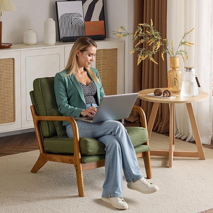 Bonnlo Dark Green Linen Accent Chairs Set of 2,Upholstered Mid Century Modern Lounge Fabric Chairs Reading Chairs Side Sitting Chair Solid Wood Farmhouse Armchairs for Living Room, Bedroom, Guest Room