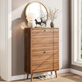 Nicetree Shoe Cabinet Storage for Entryway, 9.5" Narrow Shoe Organizer with Architectural Arched Fluted Front, Slim Shoe Rack with Adjustable Shelves,Fits Size 12 Shoes,Timeless Walnut