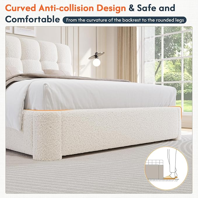 DICTAC Boucle Full Size Bed Frame with Headboard, Modern Upholstered Platform Bed Frame Full with Rounded Corners, Soft Cloud beds, Wood Slats Support, No Box Spring Needed, Easy Assembly, Cream