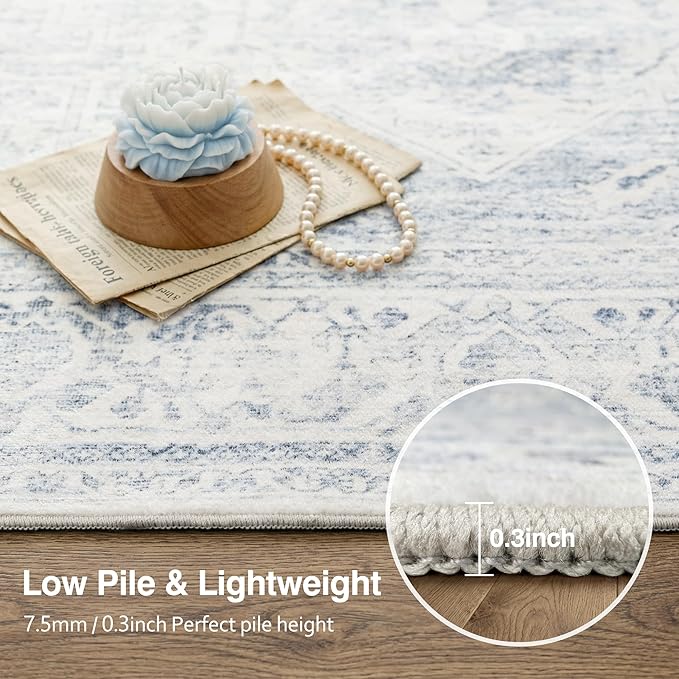 FMFUNCTEX 5x7 Washable Area Rug Blue Neutral Vintage Distressed Non Slip Low Pile Traditional Indoor Carpet for Living Room Bedroom Soft Retro Mat Throw Rug for Dining Office Kitchen Dorm Entryway