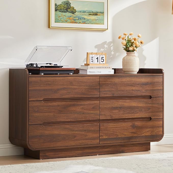 Curved 6 Drawer Dresser for Bedroom, Modern 53-Inch Chest of Drawers, Wood Storage Dresser Organizers with Hidden Handles, 6 Drawer Dressers for Bedroom, Nursery, Living Room, Walnut