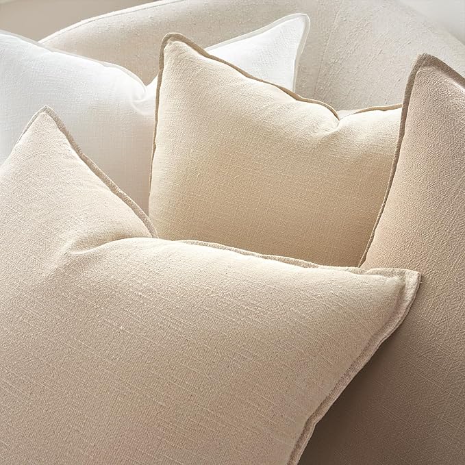 Natural Throw Pillow Covers with Press Edge Design Pack of 4 Solid Linen Decorative Pillow Covers Soft Accent Boho Pillowcases Modern for Couch Bed Living Room Balcony and Car 16x16 Inch