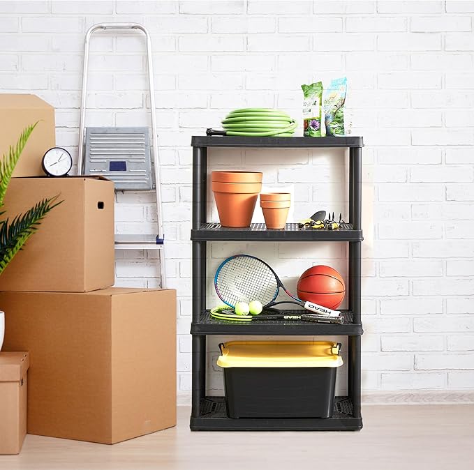 Gracious Living 4 Shelf Fixed Height Solid Light Duty Storage Unit 24 x 12 x 48" Organizer System for Home, Garage, Basement, and Laundry, Black