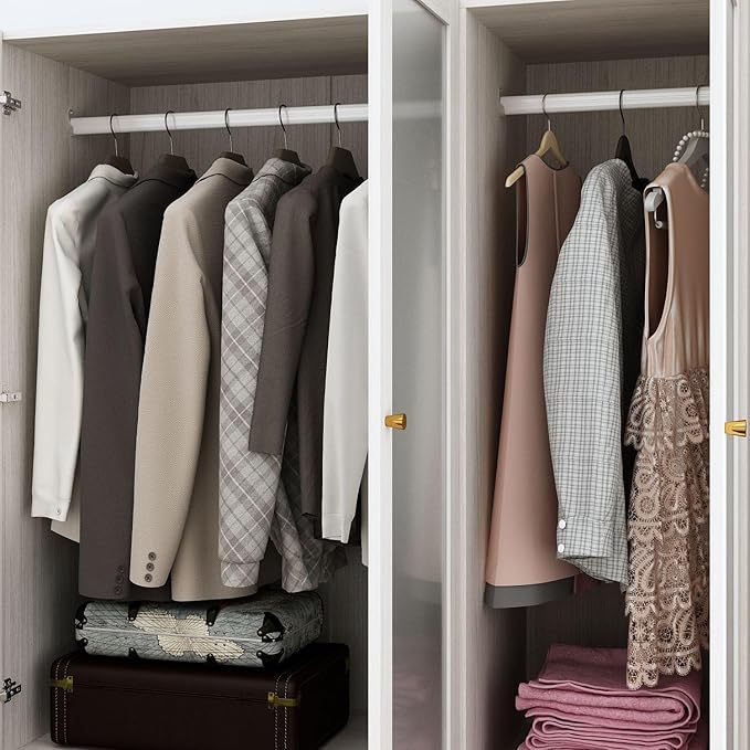MOUMON 70.9" 4-Door Wardrobe Closet with Frosted Glass Doors & 2 Drawers, Double Hanging Rods & Shelves, Wide Armoire Closet Light Oak 63”W x 19.7”D x 70.9”H
