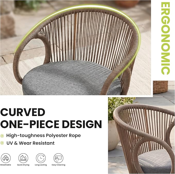 Modern Outdoor Dining Chair Set of 6 with Cushion, Scandinavian Rope Woven Patio Armchairs, Wood-Look Metal Frame, Weather-Resistant Balcony Backyard Dining Seating, Brown