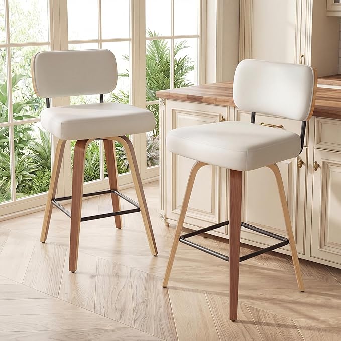 Swivel Bar Stools Set of 4, 26" Faux Leather Upholstered Counter Height Barstools with Back & Bentwood Legs, Mid Century Modern Bar Chairs Island Stools for Kitchen Counter, Cream White