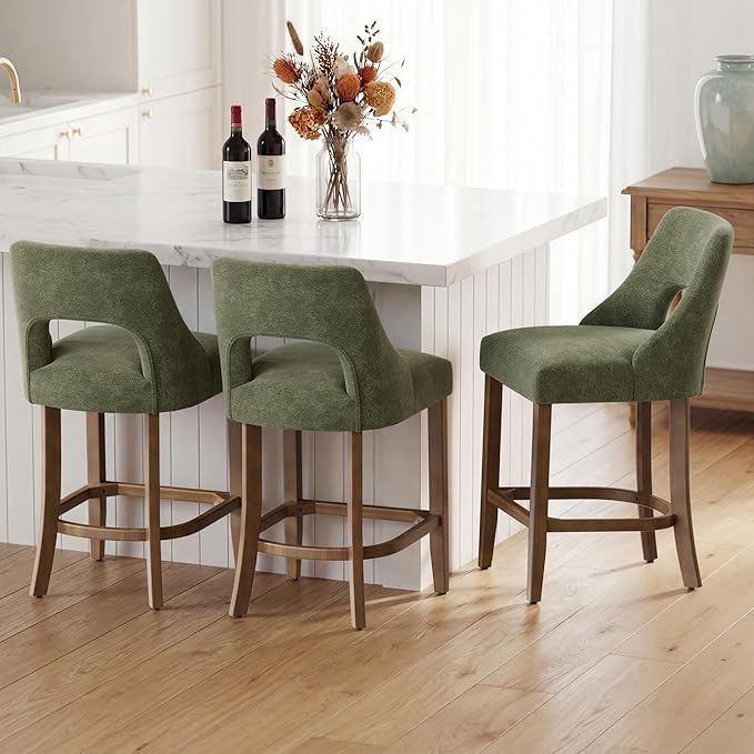 UVV Bar Stools Set of 4, Upholstered Counter Height Bar Stools, Modern Counter Stools with Wood Legs for Kitchen Island Dining Room Bar, Green