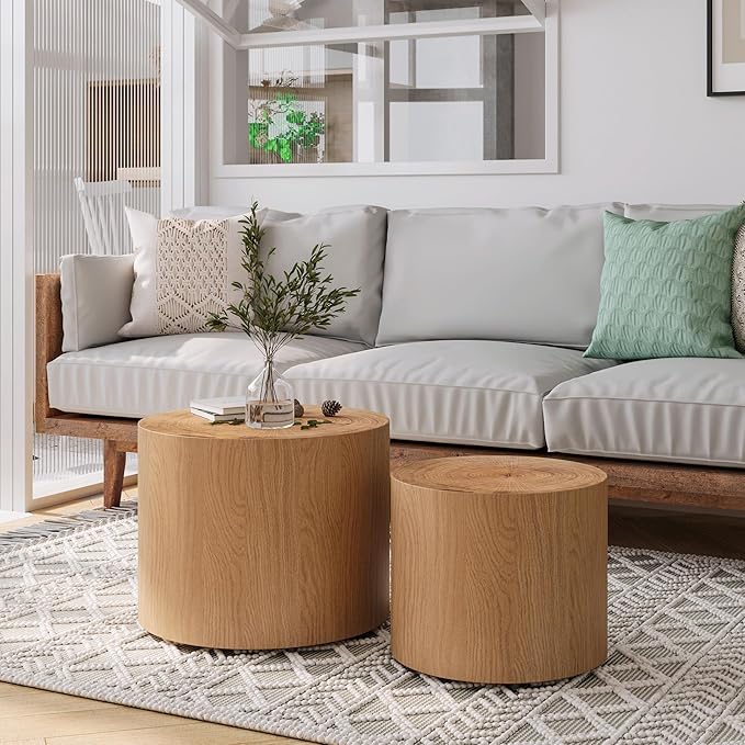 WILLIAMSPACE 18.9" Round Nesting Coffee Table Set of 2, Modern Wooden Coffee Tables Small Circle Center Table for Living Room, Accent End Table Set, No Assembling (Natural Wood)