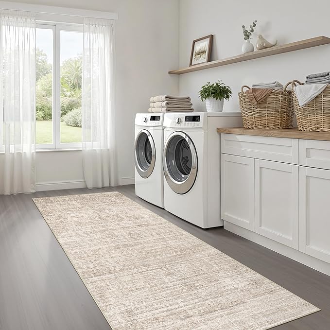 Runner Rug Non-Slip Kitchen Rug: 3x10 Washable Abstract Modern Soft Stain Resistant Indoor Floor Neutral Accent Throw Carpet for Hallway Bathroom Laundry Room Bedroom Entryway- Beige