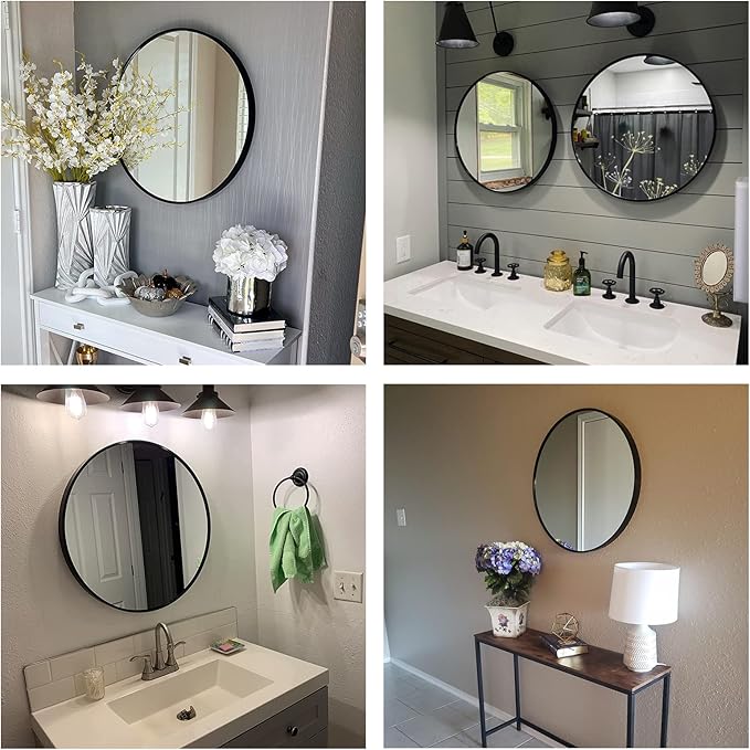Oruii Round Mirror, Black Round Mirror 26 inch, Circle Wall Mounted Mirrors for Bathroom, Living Room, Bedroom, Vanity, Entryway, Hallway, Rustic