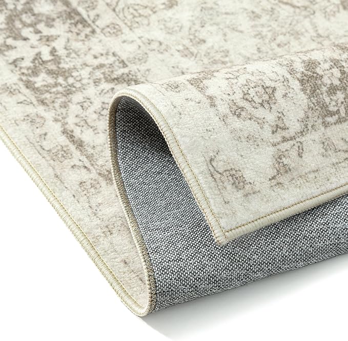 PureCozy 5x7 Area Rug Beige Washable Living Room Bedroom Carpet Vintage Distressed Non Slip Low Pile Thin Dining Room Home Office Nursery Medallion Accent Rug