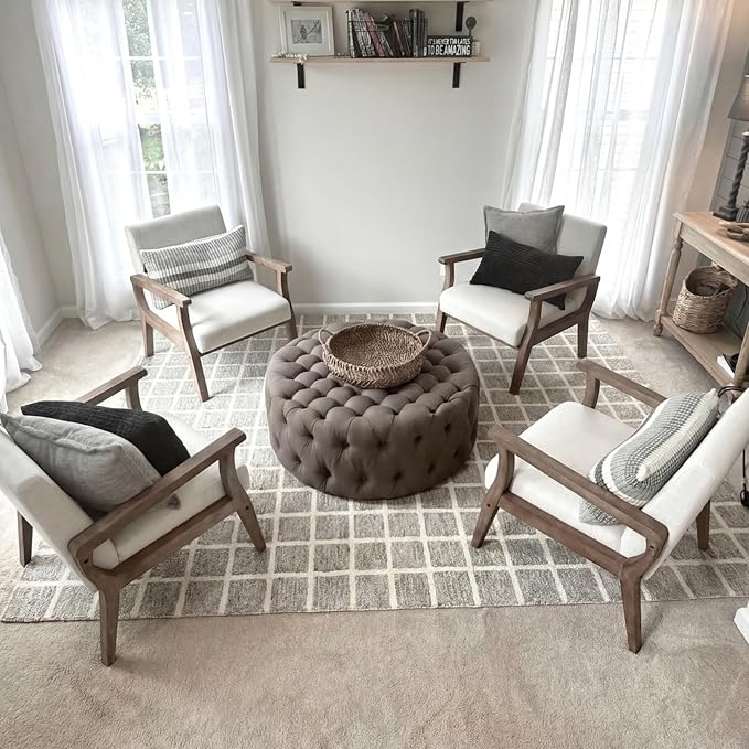 BESTANO Accent Chair Mid Century Modern Armchair, Linen Upholstered Living Room Accent Armchair with Wood Frame, Farmhouse Chair Indoor Corner Chair for Living Room Bedroom, Ivory