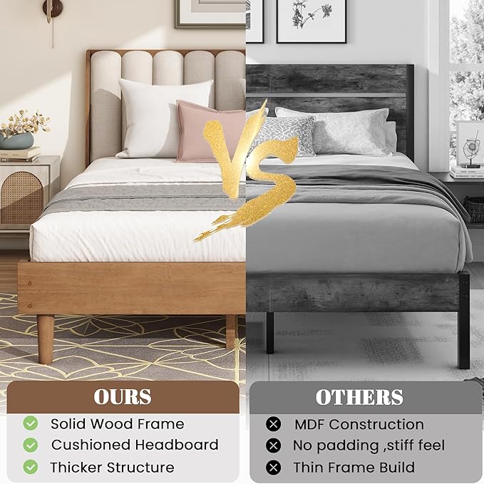 Wood Queen Size Bed Frame with Upholstered Tufted Headboard, Solid Wood Platform Bed,Mid-Century Style,No Box Spring Required, Easy Assembly,Wheat
