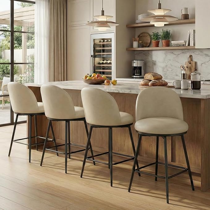 26" Counter Height Swivel Bar Stools Set of 3, Upholstered Faux Leather Barstools with Backs and Metal Legs for Kitchen Island,Cream