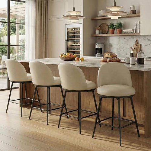 26" Counter Height Swivel Bar Stools Set of 3, Upholstered Faux Leather Barstools with Backs and Metal Legs for Kitchen Island,Cream