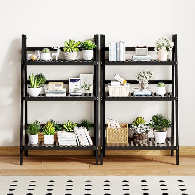 oakvivo 39.4" Foldable Plant Shelf Ladder Shelf, 3 Tier Bamboo Ladder Flower Pot Display Shelf, Freestanding Ladder Bookshelf for Garden, Balcony, Yard, Living Room, 23.6" W x 15" D x 39.4" H, Black