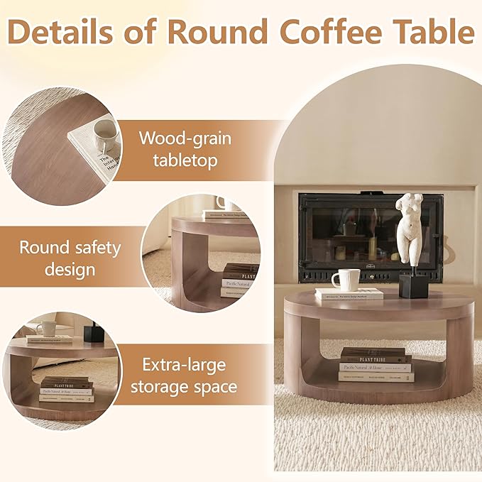 Round Coffee Table with Storage, 31" Modern Living Room Table, 2 Tier Circle Wood Center Tables for Apartment, Living Room, Open-Style Storage Tea Tables, 31"*14.1" (Dusty Pink)