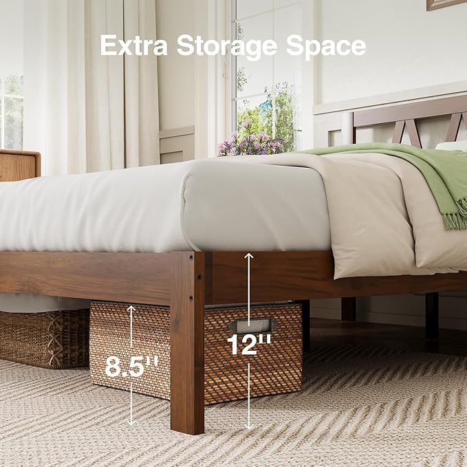 Novilla 12 Inch Queen Bed Frame with Headboard Bed Frame Queen Size Solid Wooden Bed Frame Foundation with Wood Slat Support, No Box Spring Needed, Easy Assembly, Walnut