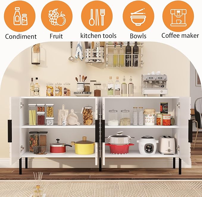 Fluted Sideboard Buffet Cabinet: 63" Modern White Sideboard Cabinet with Storage, Dining Room Credenza with 4 Doors, Living Room Console Table with Cabinets (White)