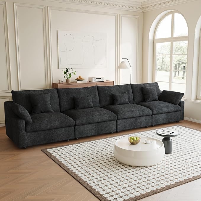 Modular Sectional Sofa Cloud Couch, 155.9" Oversized 4 Seater Sofa Couch with Pillows, Linen Blend Fabric Minimalist Deep Seat Couches for Living Room, Sofa Covers Washable&Removable, Black