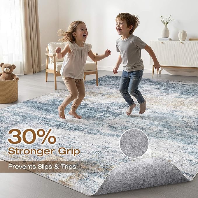 9x12 Area Rug Living Room: Washable Large Neutral Rugs Abstract Soft Modern Stain Resistant Indoor Floor Non-Slip Carpet for Bedroom Nursery Kids Office Playroom Dining Room Under Table- Blue Gold