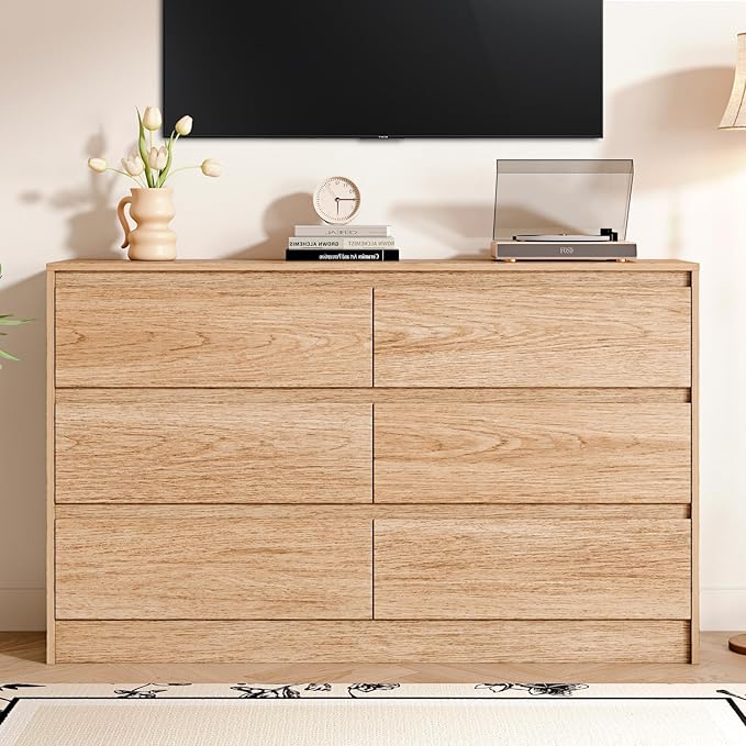 Chrangmay 6 Drawer Dresser,47" Wide Mid Century Chest of Drawers,Wooden Bedroom Drawer Dresser with 6 Storage Drawers for Bedroom,Living Room,with Anti-Tipping Device,Natural