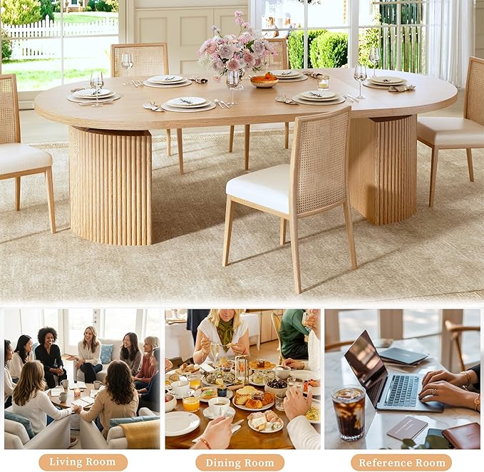 HUAHUU Extendable Round Dining Table for 4-8, 39in-77in Long Large Kitchen Table with Fluted Base, Space Saving Modern Farmhouse Oval Dinner Tables for Dining Room, Kitchen, Living Room, Natural