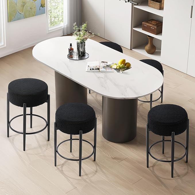 Murago Counter Height Bar Stools, Set of 2, 24" Modern Backless Bar Stools, Ideal for Kitchen Counter, Kitchen Island, Boucle Sherpa Padded Cover, with Round Soft Seat and Foot Rest, Black